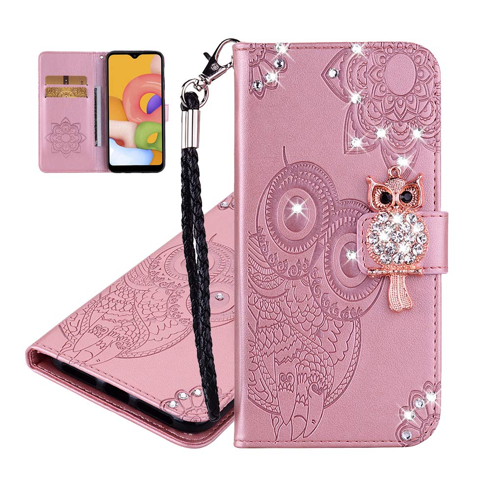 IMEIKONST Glitter case for Huawei Y9 2019 Owl Embossed Sparkly Gems Shockproof PU Leather Wallet Flip Stand Card Slots Magnetic Silicone Bumper Folio Cover for Huawei Y9 2019 Owl Rose YK