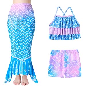 Ghteas Girls Mermaid Swimsuit 3 Piece Tankini Set for 4-10 Years | Strappy tankini top, matching swim shorts, and removable l