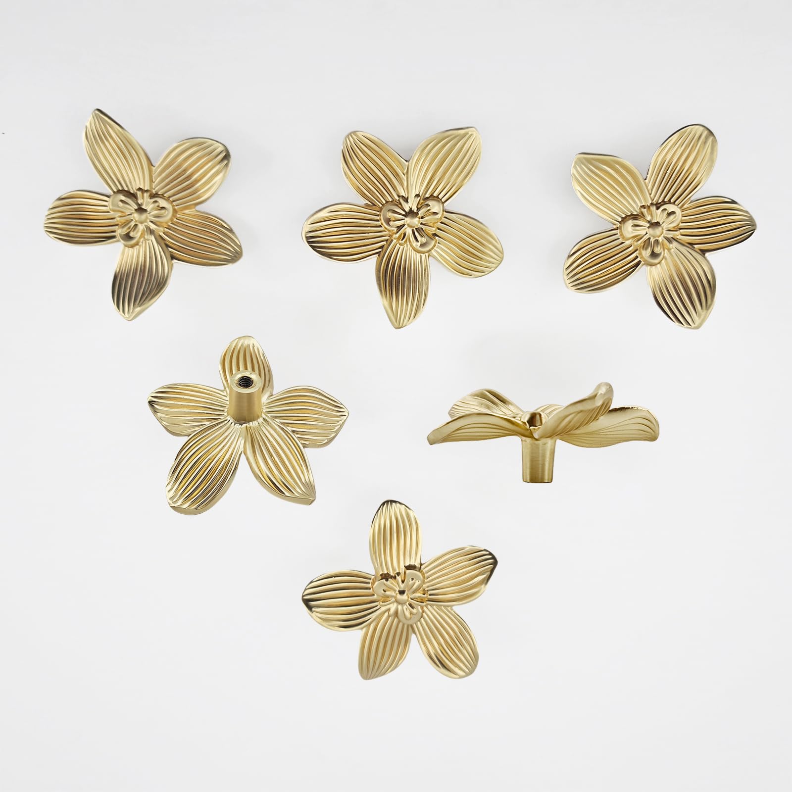 Photo 1 of YEMCHI 6 Pack Brushed Gold Flower Cabinet Knobs, 60mm/ 2.36" Kitchen Gold Drawer Pulls, Bathroom Zinc Petal Handles for Dresser Drawer, Decoration Knob of Cupboard Furniture Hardware (6 Flower)