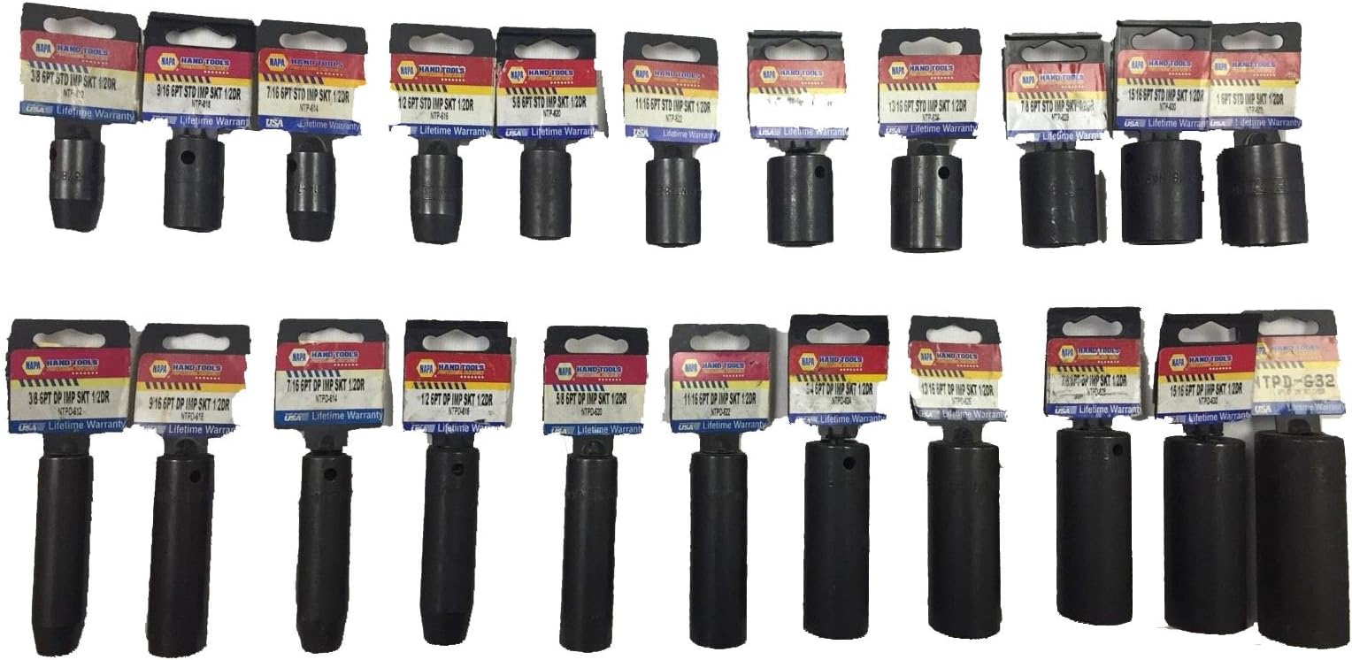22 PC 6 Pt. 1/2 Dr. Napa SAE Impact Socket Set DEEP + STANDARD MADE IN USA!