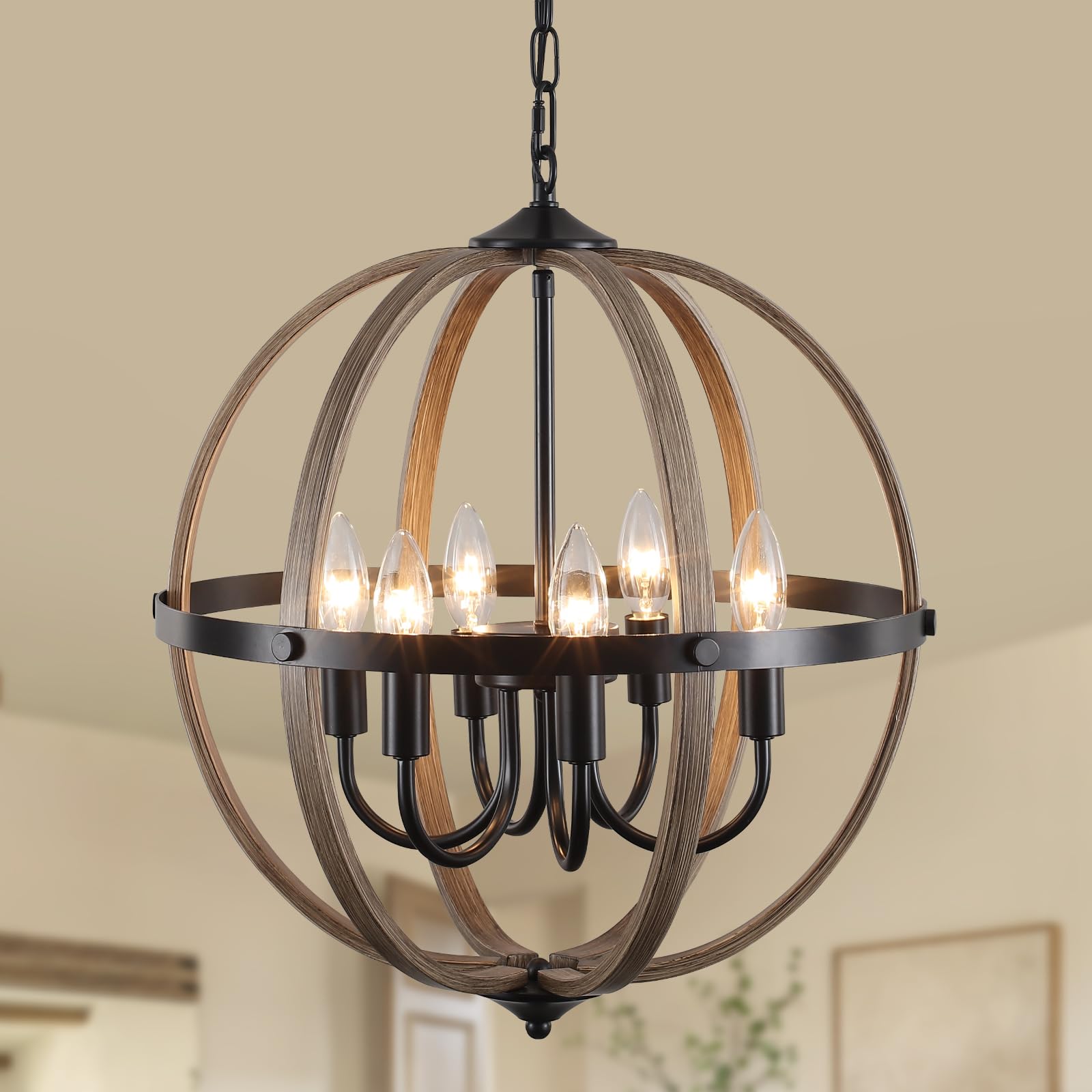 Photo 1 of HAWYUEEB 17.12'' Farmhouse Wood Chandelier 6 Light, Orb Chandelier Metal Rustic Globe Pendant Light, Faux Wood Texture Adjustable Hanging Ceiling Light Fixtures for Kitchen, Dining Room, Foyer Hallway