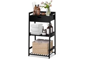 POXAKA 3 Tier Bamboo Bathroom Shelves with Drawer, Ladder Shelf for Bathroom Storage, Space-Saving Design, Stylish Display Nightstand, Stylish Storage Solution for Home, Living Room, Kitchen, Office