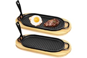 2 Sets Cast Iron Skillets, Fajita Plate Sizzling Pan with Wooden Base Fajita Skillet Pan with Handles Anti Scald Protection N