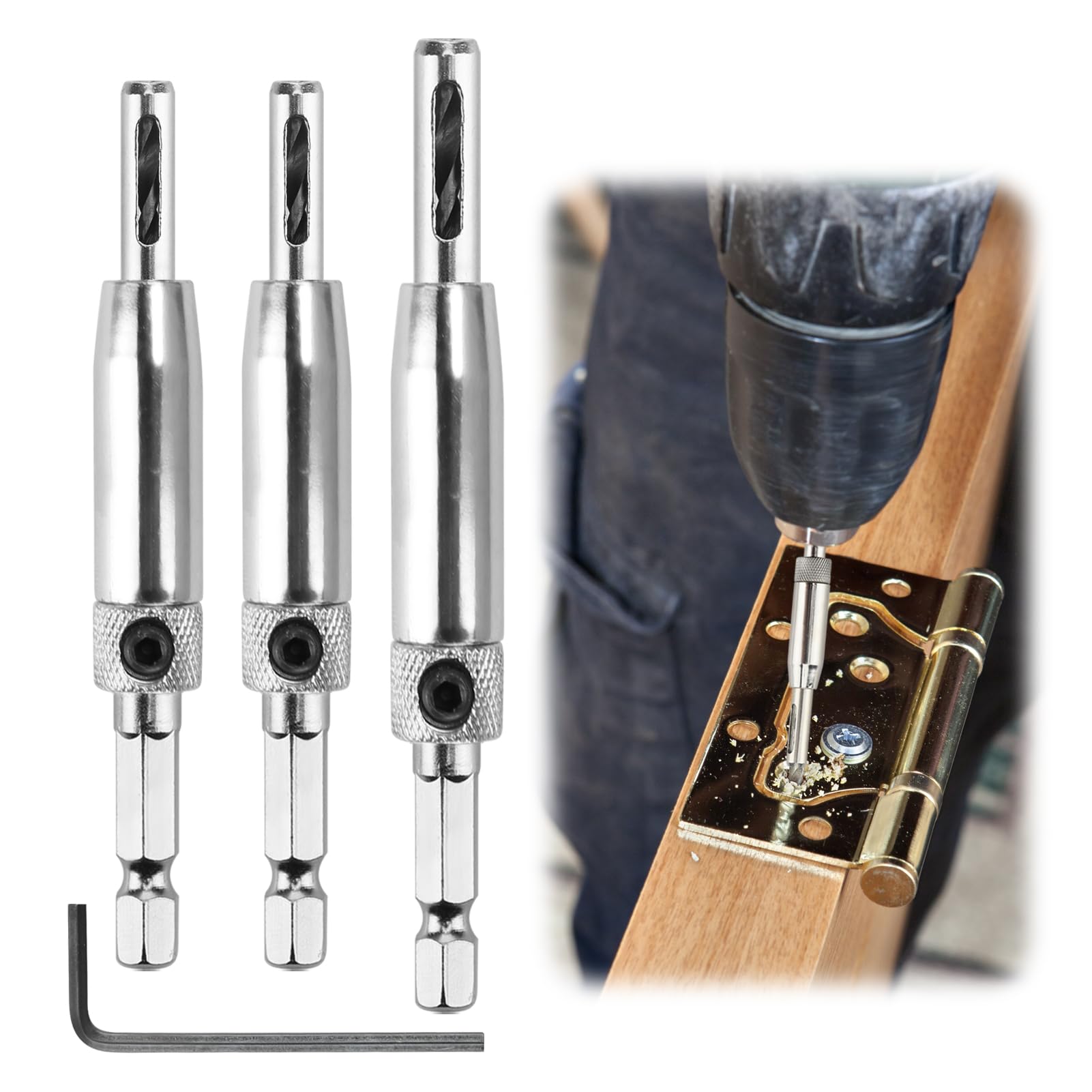 3PCS Hinge Drill Bit Set, 1/4" Hex Shank Hinge Drill Bit Guide Set Quick Release High Speed Steel Self Centering Drill Bits For Door Window Cabinet Pilot Hole (2.4mm, 2.8mm, 3.6mm)