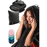 MasterManner Travel Blanket Airplane Compact with Hoodie – 2in1 Airplane Travel Accessories from Plane Blanket to Travel Pillow with Luggage Strap, Soft Handle & Secure Pocket
