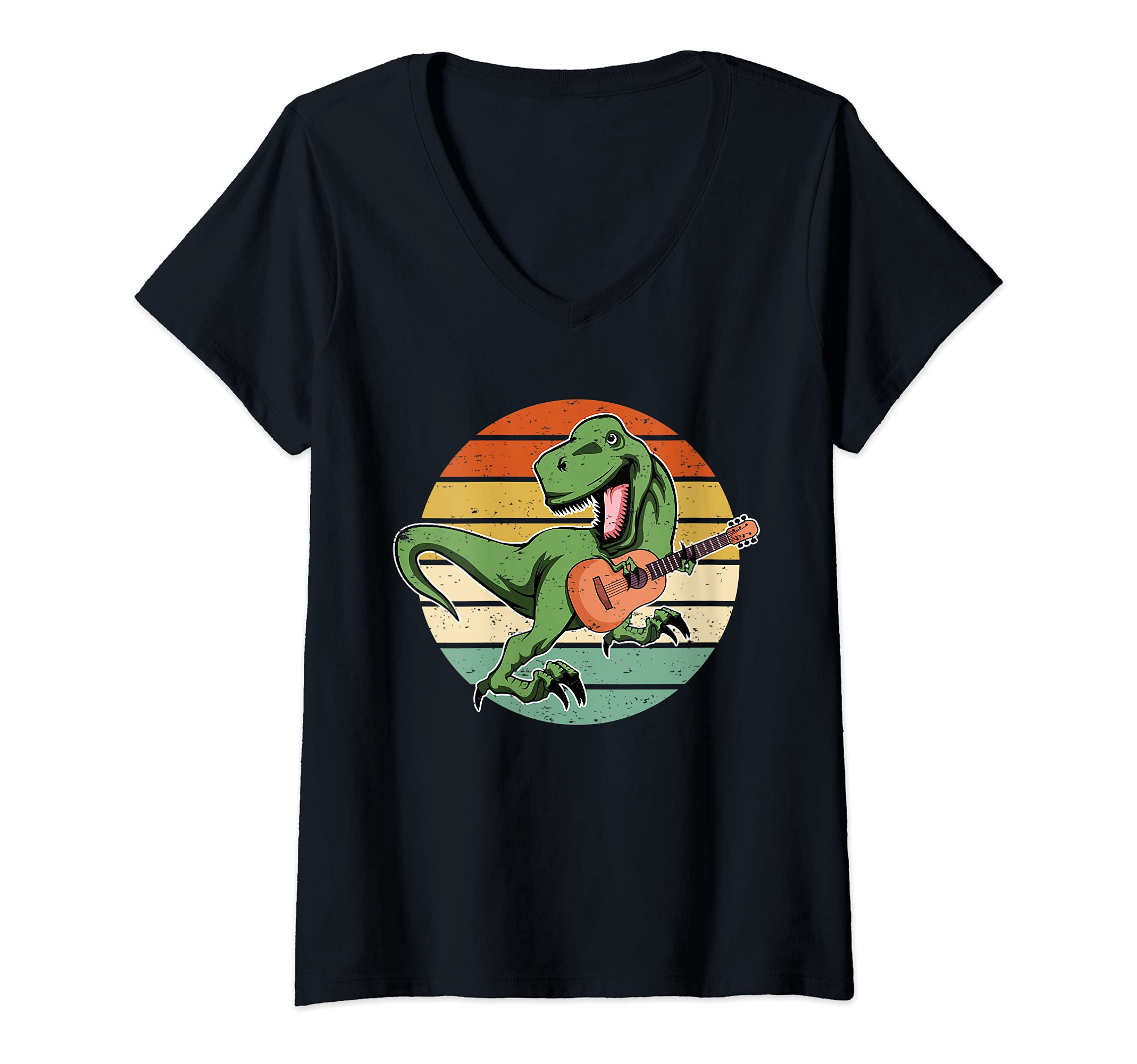 Womens Dinosaur Guitar Player T-Rex Guitarist Acoustic Guitar V-Neck T-Shirt