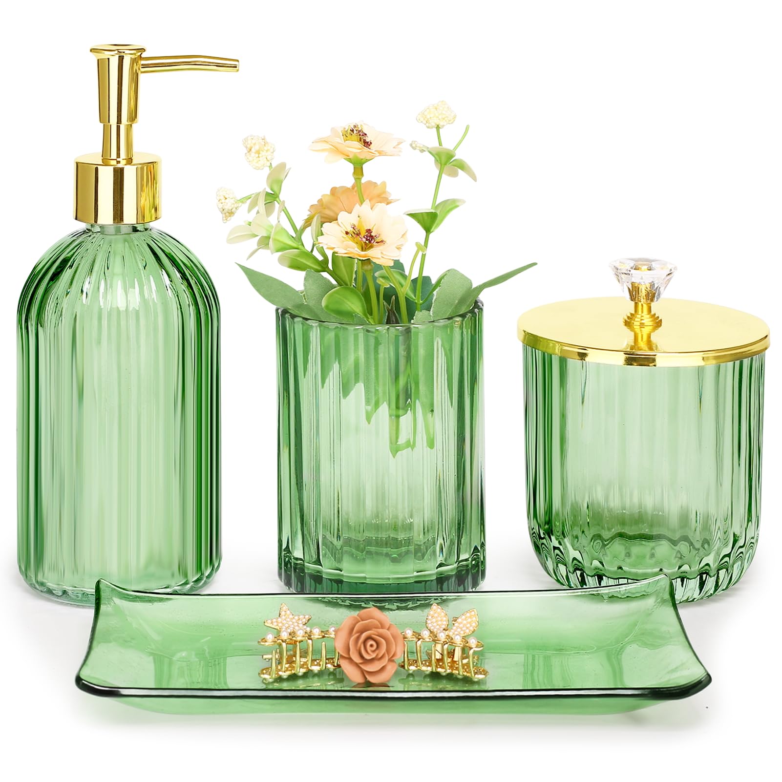 Haturi Bathroom Accessories Set, 4 Pcs Green Glass Bathroom Accessory