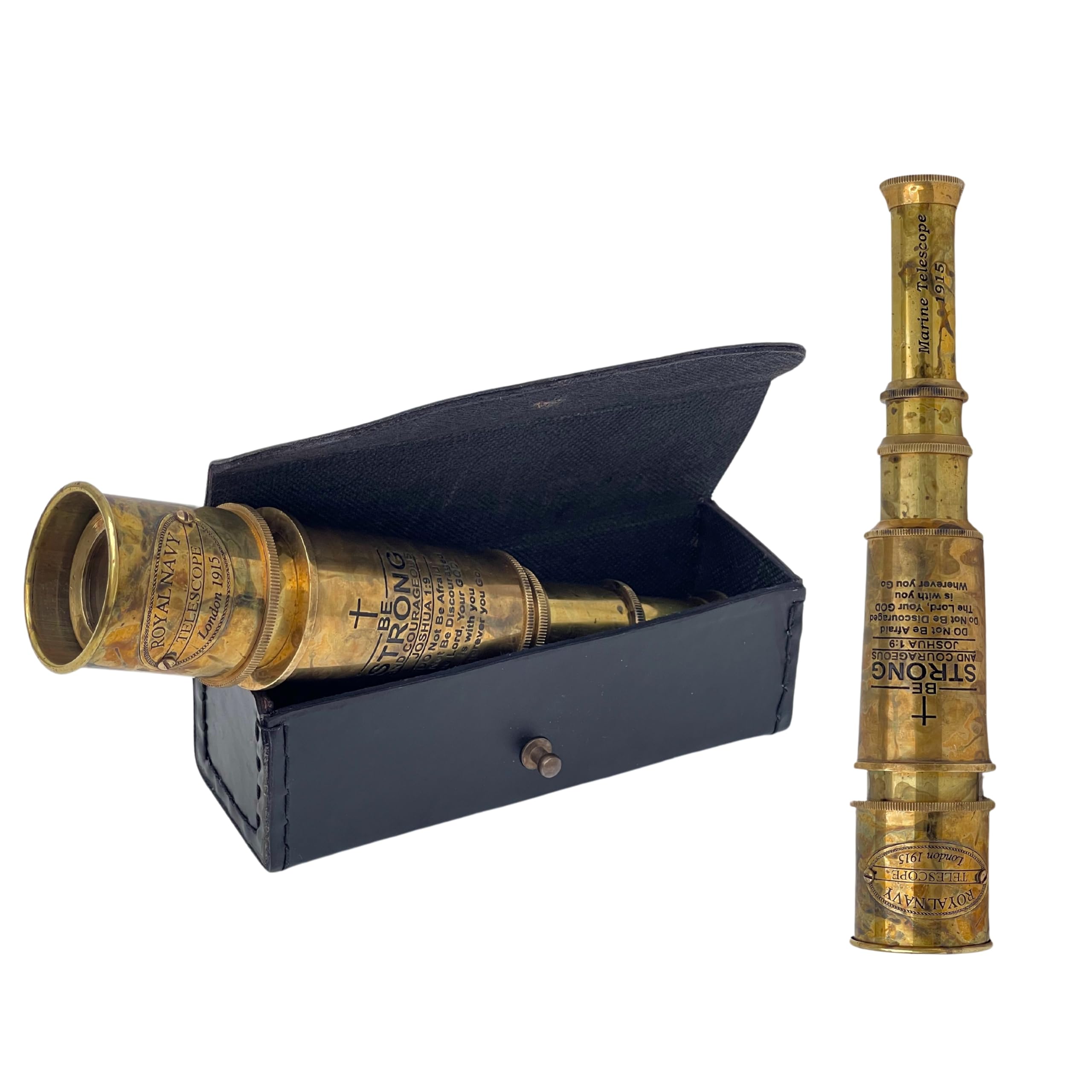 16" Spyglass Nautical Handheld Brass Telescope with Case Engraved Quote Joshua 1:9 Be Strong & Courageous Catholic Christian Gifts with Holy Cross