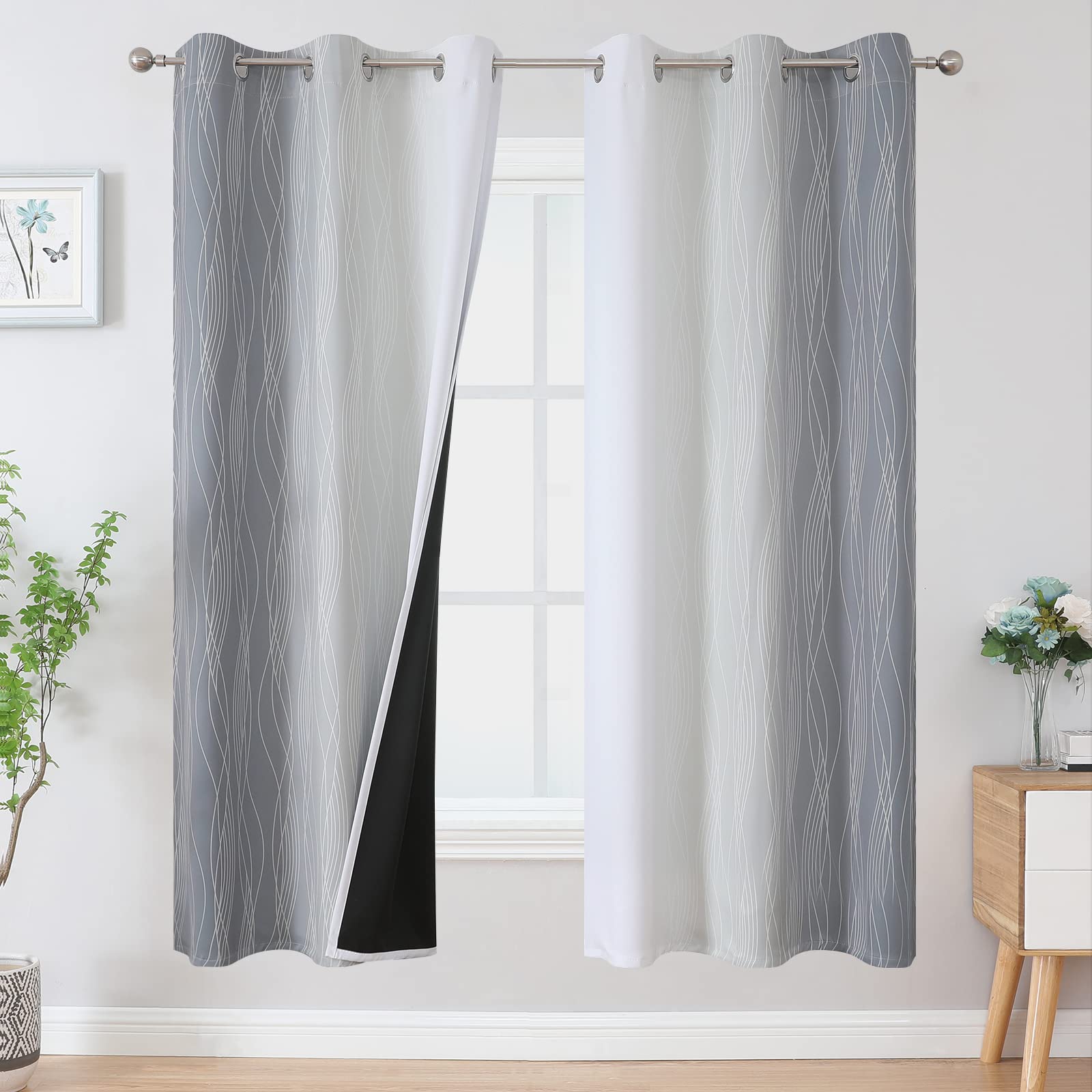 VEHEDE Thermal Insulated Noise Reducing Ombre Blackout Bedroom Curtains 72 Inch Drop Pair, Wave Printed Light Blocking Eyelet Drapes for Living Room, W42 x L72 Inch, Grey and Greyish White, 2 Panels
