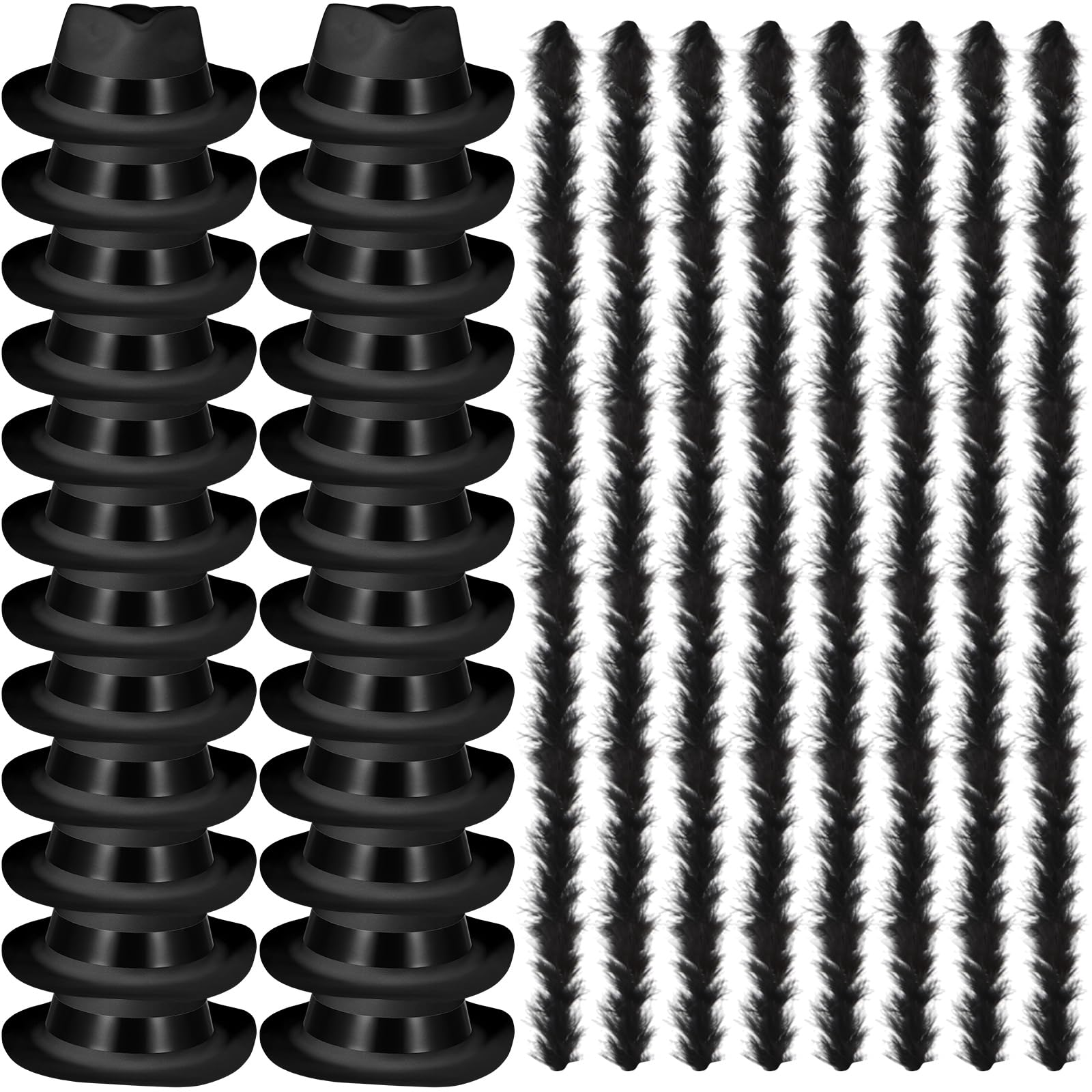 Photo 1 of JaGely 24 Black Gangster Hats 24 Pcs Feather Boas for Halloween Glow Party Men Women 1920s Party(Pure Black, Plastic)