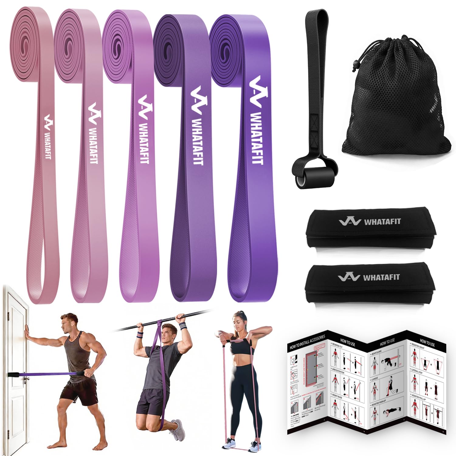 WHATAFIT Resistance Bands,Pull Up Assist Bands Set with Handles, Exercise & Workout Bands with Door Anchor for Men & Women – Home Fitness Equipment for Strength Training, Stretching Image