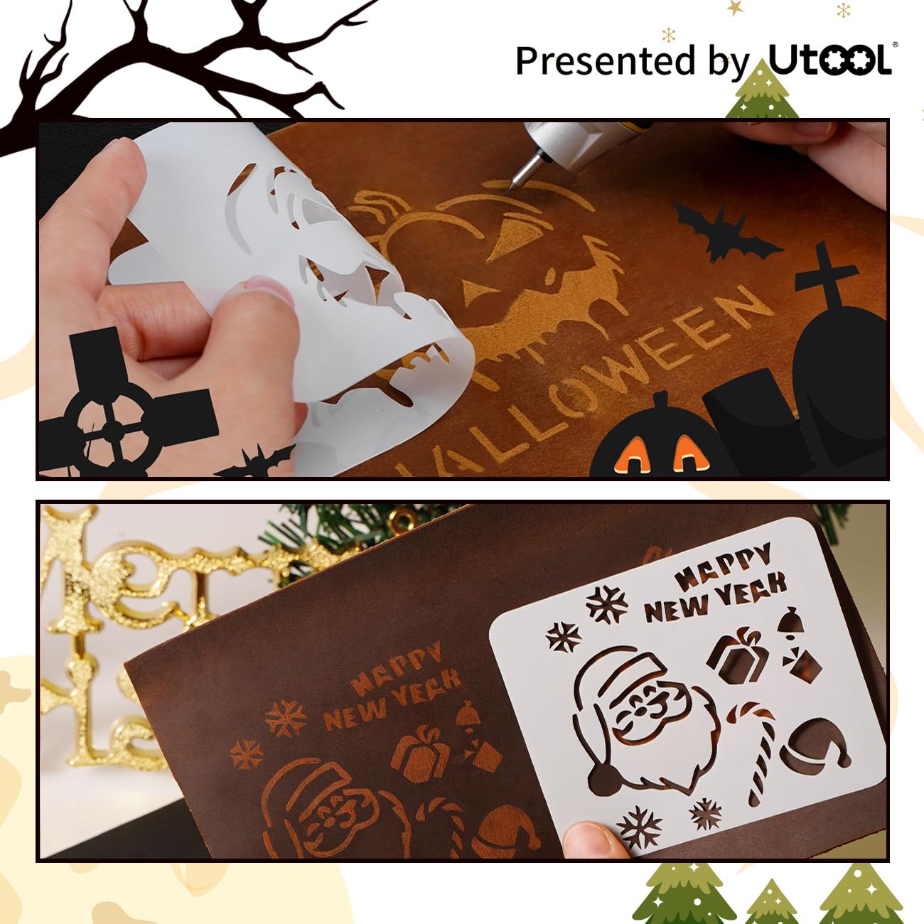 UTOOL Engraving Pen with Letter/Number Stencil, 24 W Handheld Etching Tool for Wood, Metal, Glass, Engraving with 4 Interchangeable Tungsten Carbide Steel Bits Includes Halloween Stencil Christmas