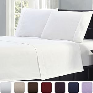 Mellanni 100% Cotton 4 Piece Flannel Sheets Set - Deep Pocket - Warm - Super Soft - Breathable Bedding (Queen, White)