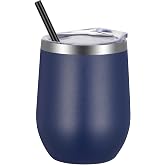 VEGOND 12oz Stainless Steel Wine Tumbler with Lid and Straw, Double Wall Vacuum Insulated Stemless Wine Glass Tumbler Cup, Co