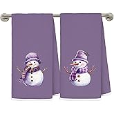 MKIJUHB Purple Christmas Snowman Kitchen Dish Towels, Preppy Christmas Winter Xmas Holiday Decorative Hand Tea Towels for Bathroom, Winter Xmas Kitchen Bathroom Decor, 16x24 Inch Set of 2