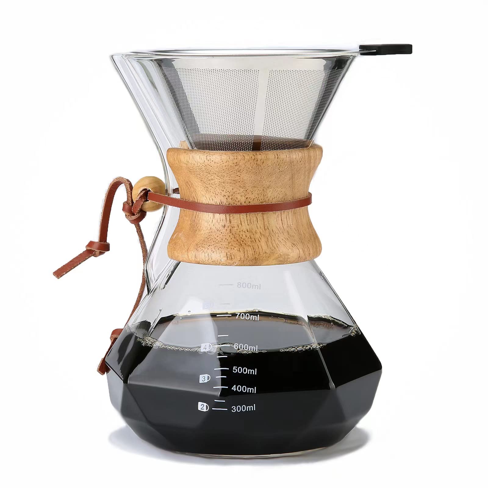 Photo 1 of Lalord Pour Over Coffee Maker with Reusable Stainless Steel Filter, 27 oz Borosilicate Glass Coffee Carafe, Wooden Collar, Coffee Maker Carafe, Hold 4-6 Cups, 800 ml, Clear