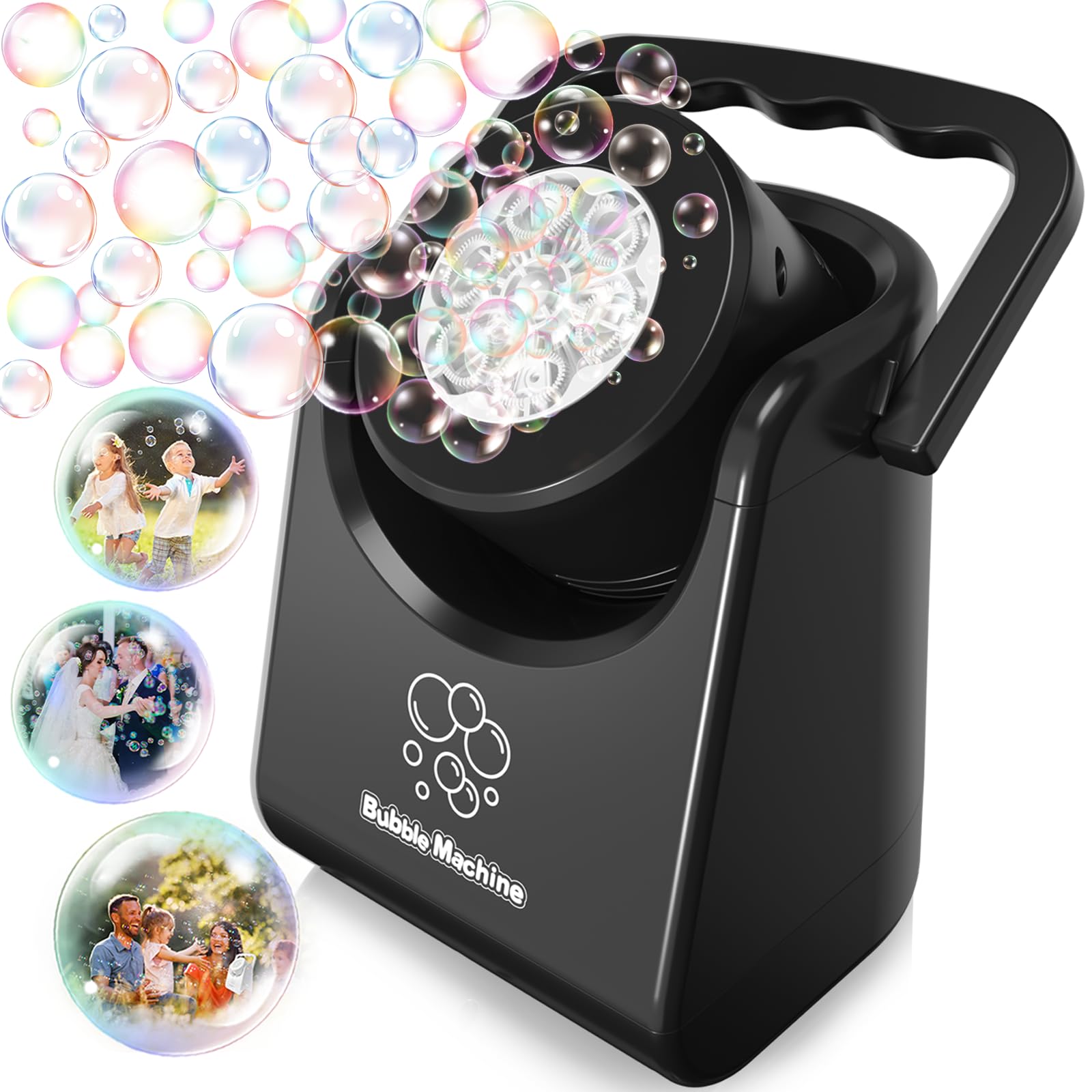 Photo 1 of Bubble Machine Automatic Bubble Blower for Kids Batteries Operated Portable Bubble Maker Electric Bubble Machine Adjust Angle by 90° Indoor Outdoor Toy for Birthday Party Wedding (Portable Black)