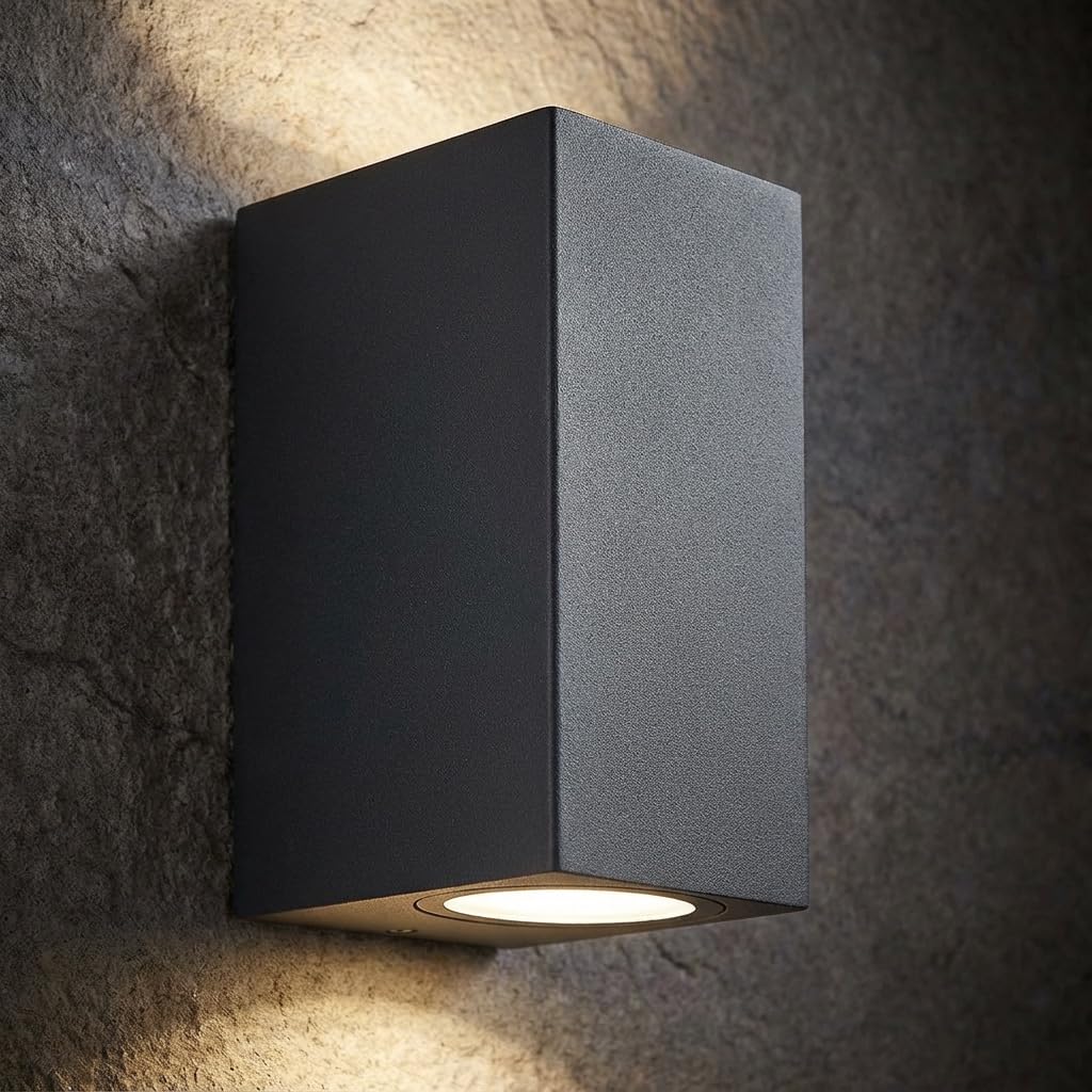 LASIDE Outdoor Wall Lights, Anthracite Grey GU10 Up Down Outside Wall Lights Electric, IP44 Waterproof Aluminium Garden Wall Light Mains Powered for Patio, Terrace, Garden, Balcony, Porch, Garage