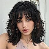 Lativ Black Mix Brown Wig with Bangs Short Wavy Wigs for Women Shoulder Length Curly Bob Wigs 14 Inches for Halloween Cosplay Daily Party Use