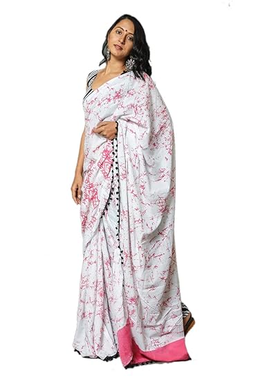 White Cotton Hand Block Printed Saree