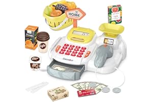 Pretend Play Calculator Cash Register Toy, 36 PCS Supermarket Shop Toys with Scanner, Play Food, Play Money for Kids, Grocery