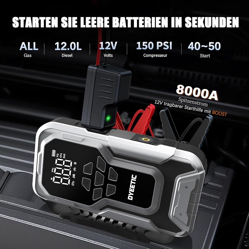 8000A Starthilfe Powerbank mit Kompressor 150PSI, Starthilfegerät 88.8Wh