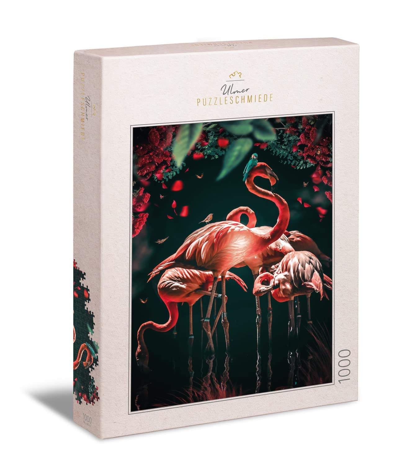 Ulmer Puzzleschmiede - "The Flamingo Show" Jigsaw Puzzle - Fairytale 1000 Piece Flamingo Puzzle - Bright Pink Flamingos Post Brilliantly against Black Background - Graceful Birds as Night Puzzle