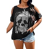 SOLY HUX Women's Plus Size Graphic Tees Skull Print Cold Shoulder Short Sleeve Summer T Shirt Tops