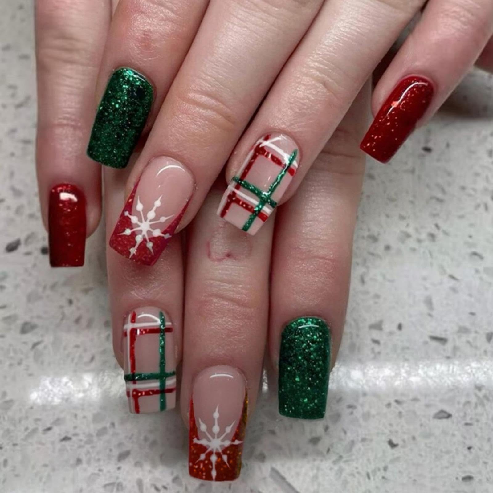 Photo 1 of Christmas Press on Nails Medium Square Nails Press on with Checkerboard Design Glossy Red Green Glitter Blue Glue on Nails Snowflake Fake Nails Winter Xmas Acrylic Nails for Women Manicure 24Pcs