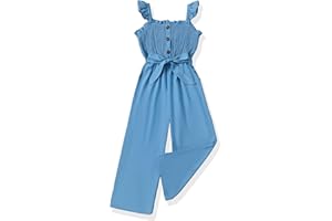SODLON Girls Jumpsuit Kids Clothes Fashion Ruffle Sleeveless Wide Leg Belted Romper Smocked Summer Outfits with Pockets