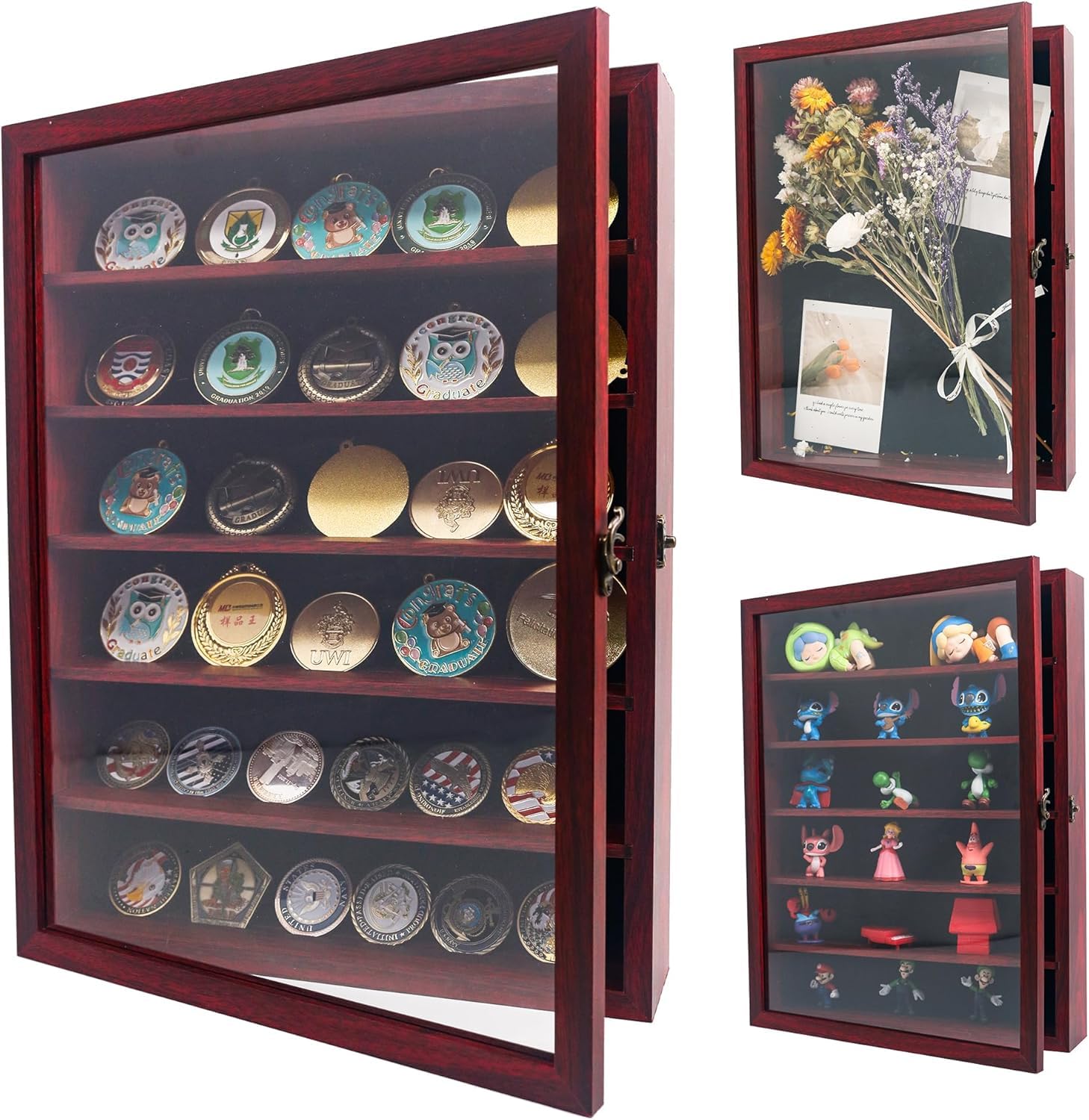 GraduationMall Shadow Box Frame with Removable Shelves,12x16 Cherry Deep Memory Box Display Case for Military Medals Flowers Keepsake Collectibles