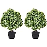 24" Faux Boxwood Plants Outdoor, Artificial Topiary Ball Trees Set of 2, UV Resistant Fake Potted Evergreen Realistic Greenery Bushes Shrubs for Outside Front Porch Planter Patio Indoor Decor 2ft Tall