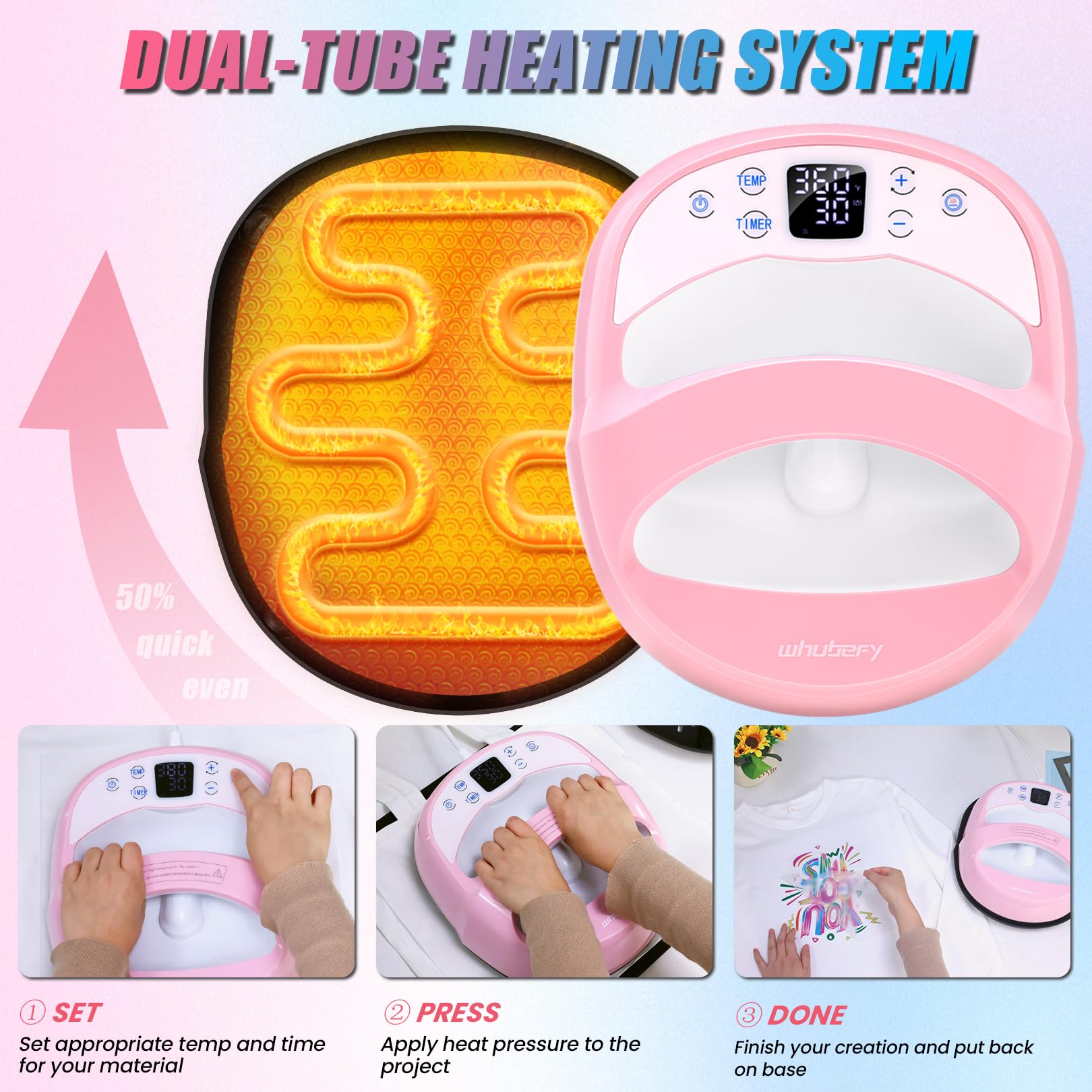 Whubefy Heat Press Machine for T Shirts 12x10 Portable Easy Iron Press with Insulated Safety Base & Auto-Off, 550W Dual-Tube Fast Heating & Precise Temperature Control for Wind Spinner, Bags, Pillows