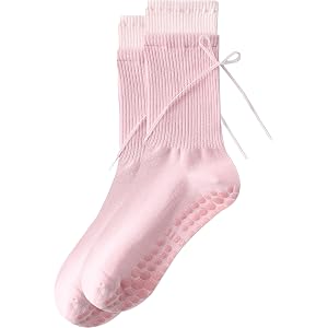 Mirmire Pilates Socks With Grips For Women Ribbon Bow Yoga Cute Socks | Crew Cotton Non Slip Socks, Breathable & Soft Grippy