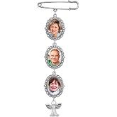 Wedding Bouquet Photo Charm Pin for Bride 3 Pictures Angel Charm Memorial | Easily Add Your Own Photos. Pin To Bride's Flowers on Wedding Day. Long Style with 3 Frames and Guardian Angel