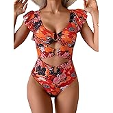 B2prity Women One Piece Swimsuit Ruffle Sleeve V Neck Monokini Cutout Tummy Control Bathing Suit for Vacation