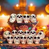 RoundFunny 12 Pcs Miniature Day of The Dead Skulls Ofrenda Decorations Dia De Los Muertos Ofrendas Altar De Muertos Miniature Mexican Fiesta for Day of The Dead Halloween Altar Ofrenda Decor