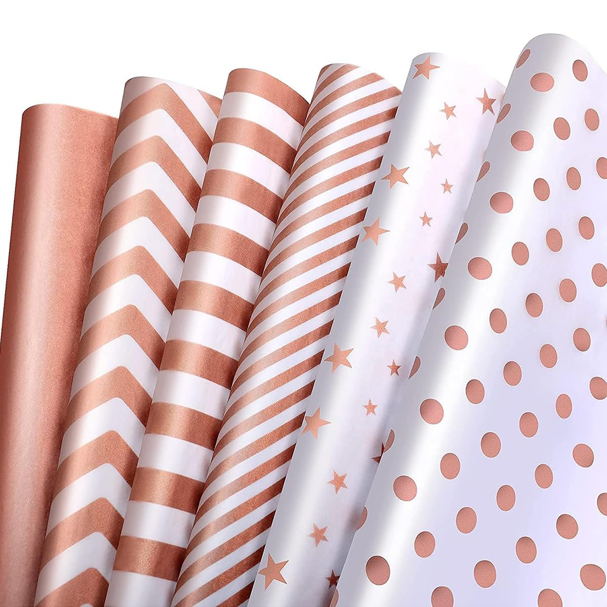 Metallic Rose Gold Tissue Paper 35 x 50cm - 120 Sheets 6 Design for Gift Bags Wrapping Gift Crafts Packing, Tissue Paper Bulk for Easter Birthday Wedding Bridal Baby Shower Party All Occasions