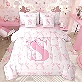 jejeloiu Cute Pink Bow Kids Comforter Set with Sheets Queen Size,Boys Girls Personalized Letter S 7 Piece Bedding Set,Cute Coquette Bow Knot Bed in a Bag,Initial Letter S All Season Monogrammed