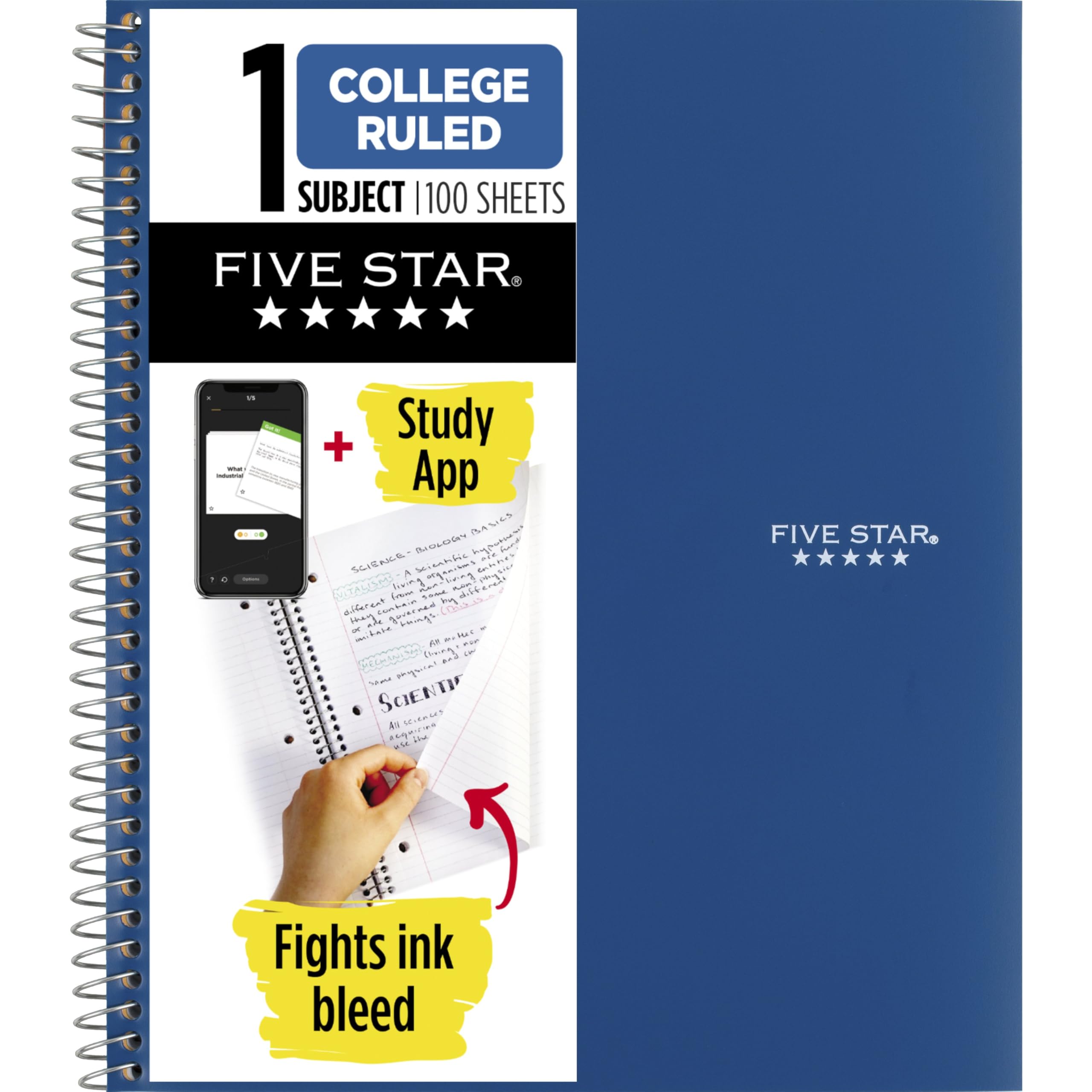 Photo 1 of Five Star Spiral Notebook + Study App, 1 Subject, College Ruled Paper, 8-1/2" x 11", 100 Sheets, Fights Ink Bleed, Water Resistant Cover, Pacific Blue (72565)