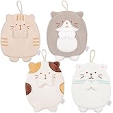 PRATIQUE 4Pack Cute Cat Hand Towels, Bathroom Towels with Hanging Loop, Children Hand Towel Animals, Microfiber Coral Fleece Absorbent Hand Towel for Kitchen Bathroom Bedroom (4CAT)