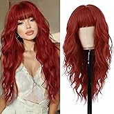 Wallden Hair Red Wig With Bangs Long Red Culry Wavy Women's Wig Natural Looking Heat Resistant Bangs Wig for Daily Cosplay Halloween Party Use (Red,26 Inches)