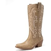 Athlefit Women's Embroidered Western Cowboy Boots Fashion Pointed Toe Chunky Heel Mid Calf Cowgirl Boots