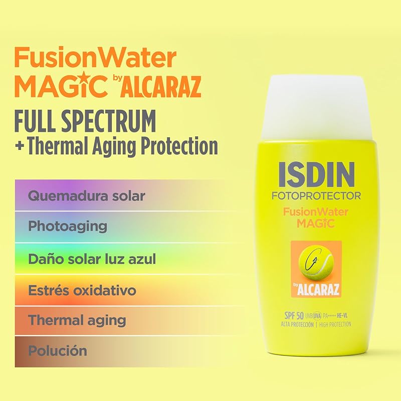 Fotoprotección Fusion Water MAGIC by Alcaraz Protector Solar Facial de Textura Ultraligera y Fase Externa Acuosa con Efecto Refrescante, 50 ml