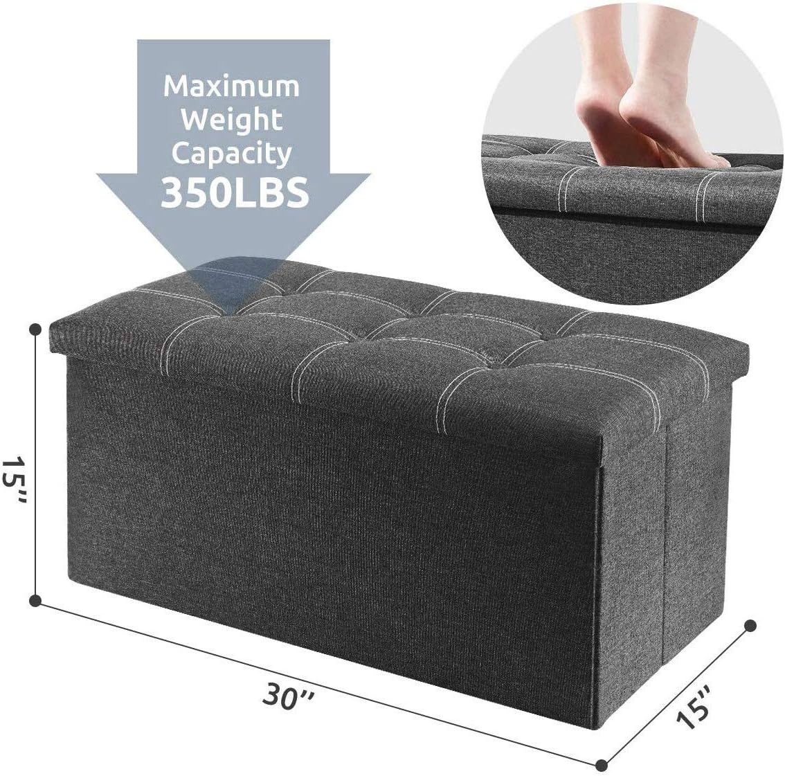 YOUDENOVA 30 inches Storage Ottoman Bench, Foldable Footrest Shoe Bench with 80L Storage Space, End of Bed Storage Seat, Support 350lbs, Linen Fabric Grey: Kitchen & Dining