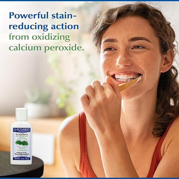 ECO-DENT EXTRABRITE BAKING SODA TOOTH POWDER, MINT – SLS & FLUORIDE-FREE TOOTHPASTE POWDER WITH OXIDIZING CALCIUM PEROXIDE, WHITENING TOOTHPASTE ALTERNATIVE + DAILYRINSE SINGLE-USE PACK