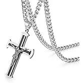 HZMAN Jesus Cross Necklace for Men Stainless Steel Large Crucifix Cross Necklace Pendant Christian Jewelry Gift with 24Inch Cuban Chain