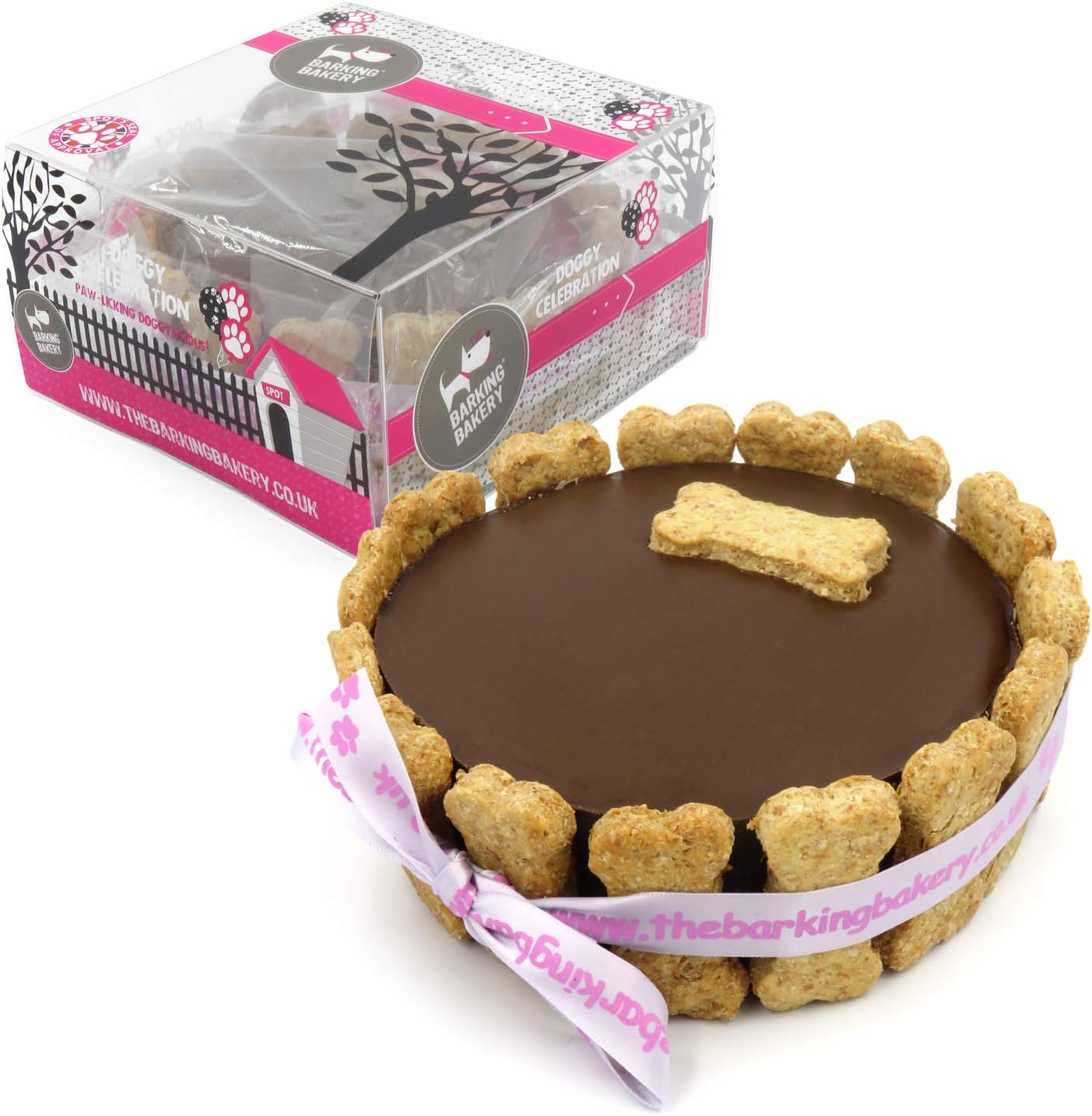 The Barking Bakery Carob Pawty Cake for Dogs, 6-Inch Dog Birthday Cake with Yoghurt Topping, Dog Biscuits, Icing Pen & Candle