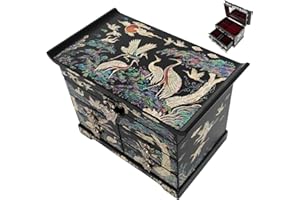 February Mountain Mother of Pearl Wooden Jewelry Organizer Box – Jewelry Storage Box for Women, Features Spacious Drawers, Ideal for Rings, Bracelets, Watches, Chains, Accessories (Colorful Crane)