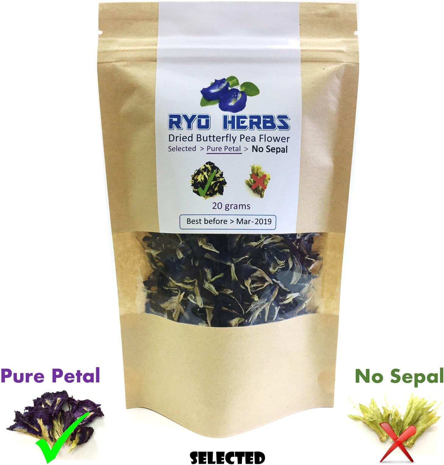 20 grams , Pure Petal Blue Herbal Tea - Dried Butterfly Pea Flower , Selected Pure Petal (No sepal) suitable for Tea and Food coloring and Hair treatments, Herb from Thailand